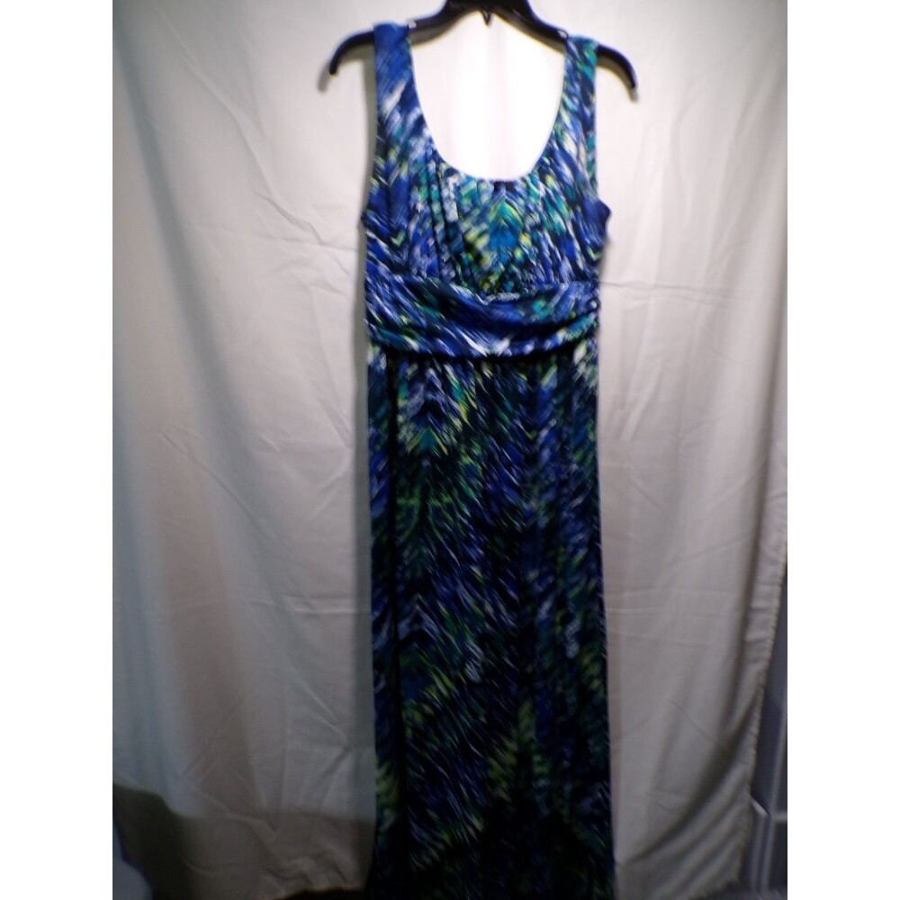 AB Studio Women's L Maxi Dress Blue Green Abstract Print Sleeveless